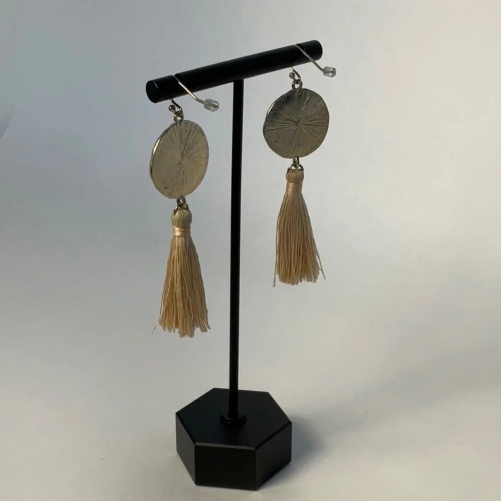 Earrings Gold Tone Disk with Tan Tassel